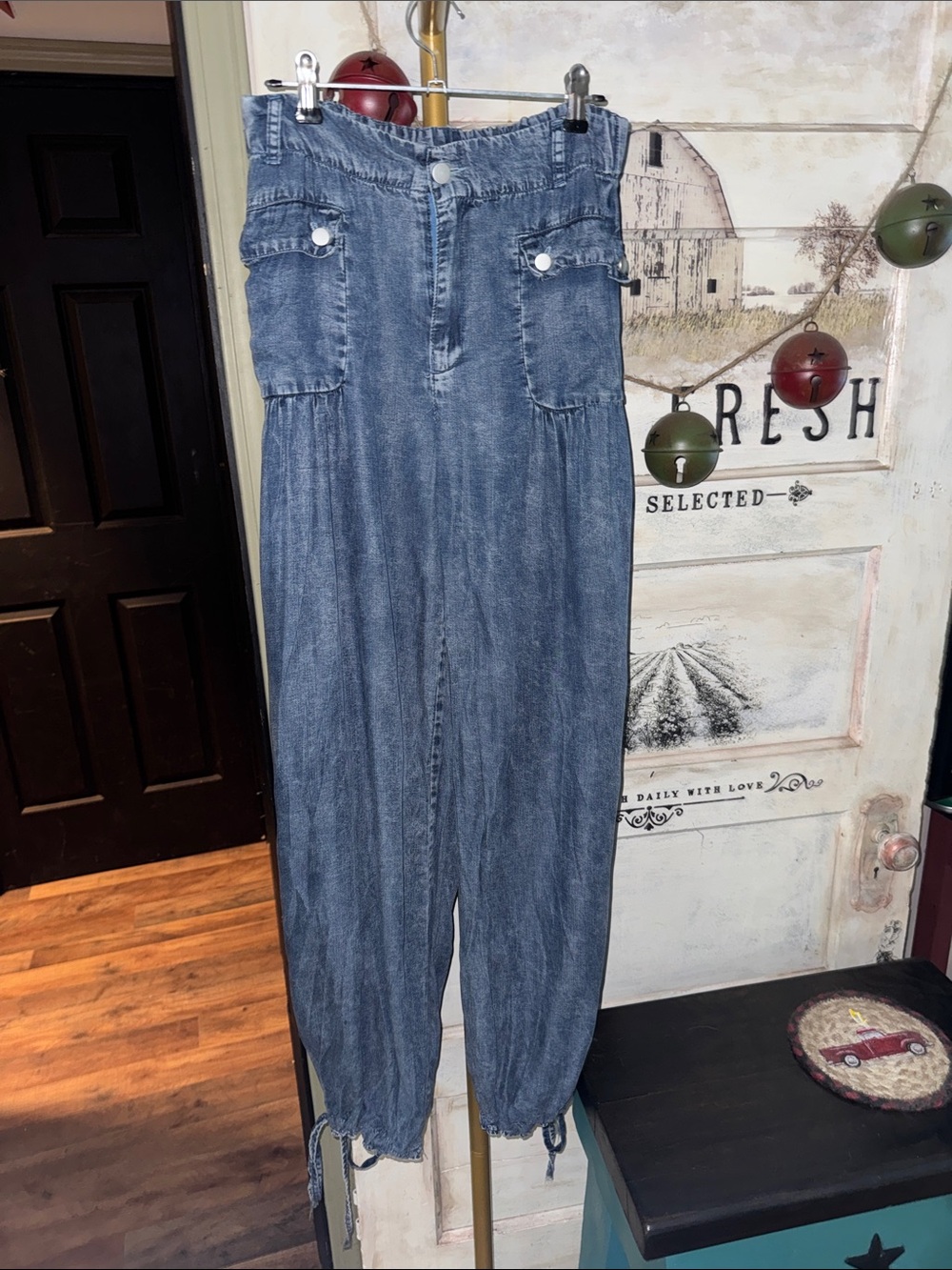 Blue Velvet Boho Cargo Jeans with Elastic Cuff